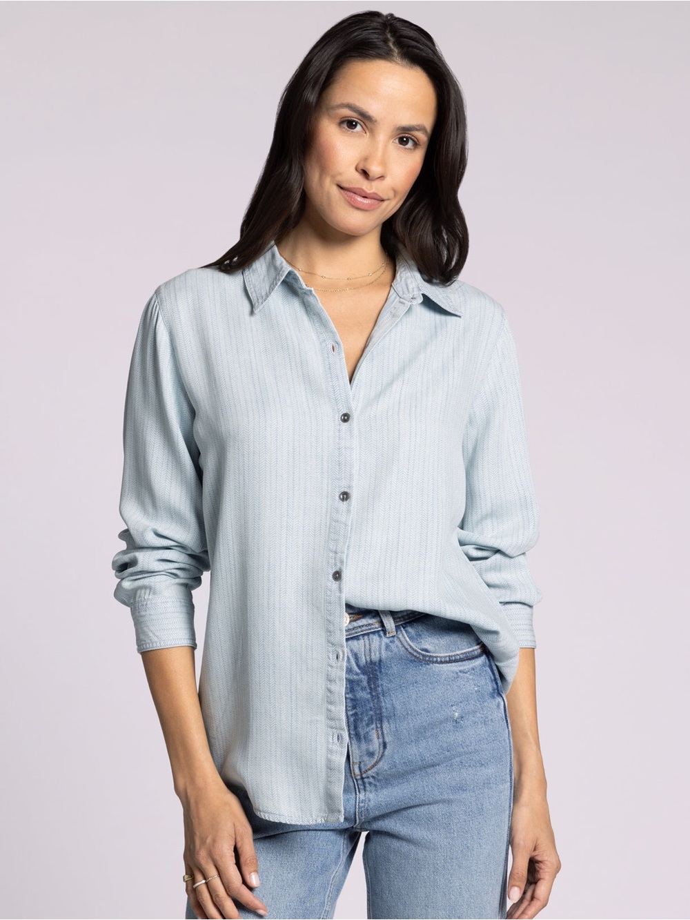 Thread & Supply Blue Chambray Button Up Tencel Denim Blouse Raw Hem Size XS - Picture 1 of 11